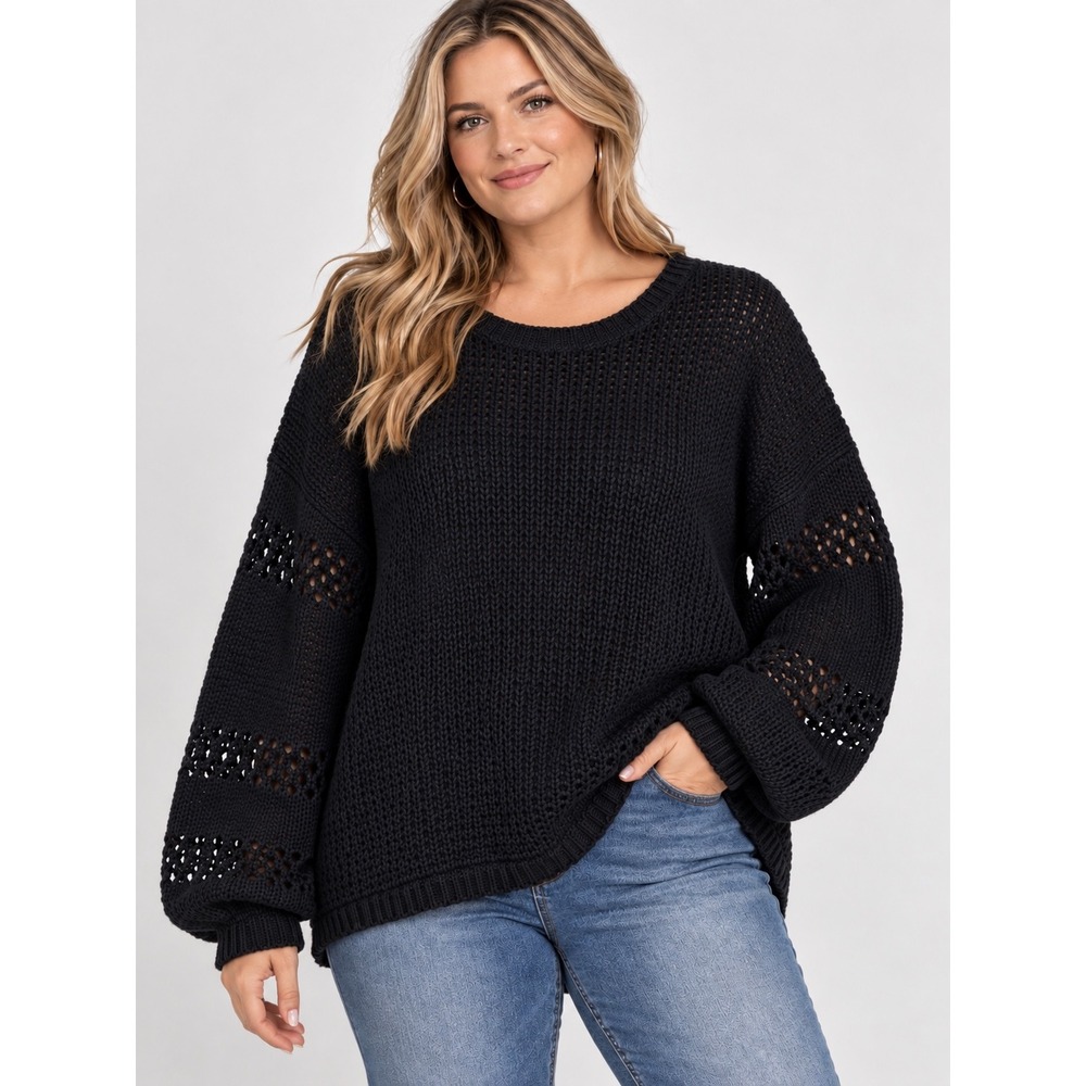 Knox Rose Womens XL Black Pointelle Long Sleeve Knit Crewneck Sweater Relaxed